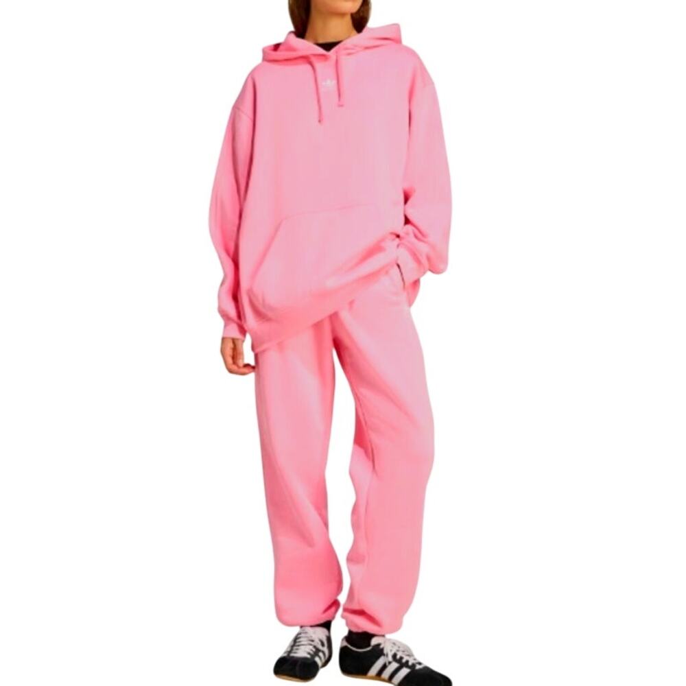 Adidas Pink Glow Essentials Oversized Fleece Loose Hoodie Jogger Set Size S